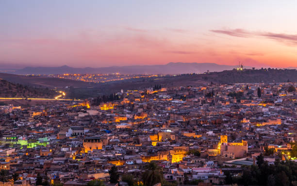 Fes Medina skyline at sunset Morocco